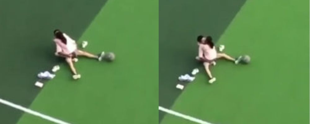 上位骑乘仿佛在做摇摇车 山东济南工程技术大学情侣在操场上做爱被拍视频流出