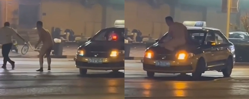 酒品见人品 醉酒裸男街区闹事 趴在出租车表演猛男的诱惑 现场视频流出