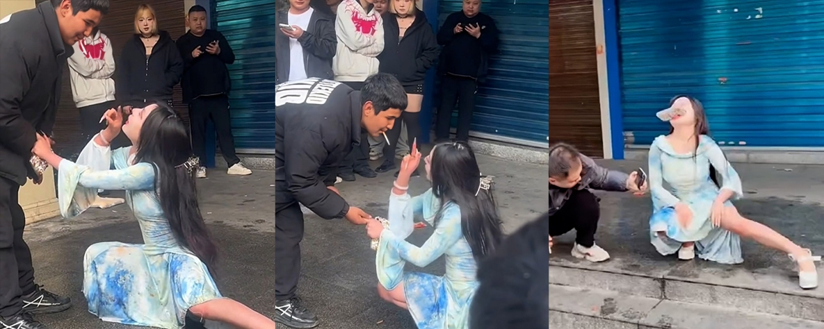 长沙解放西成网红擦边女云集地 各种大尺度主播 蓝裙美女当街撩客E杯大奶任由老大爷抚摸
