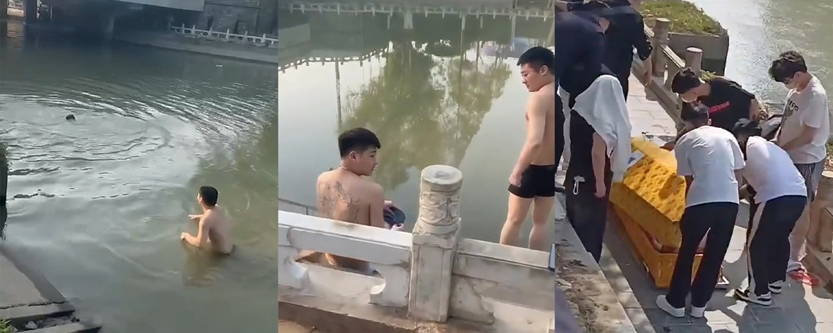 湖北仙桃惊现傻屌 2男1女大早上醉酒后打赌下河游泳 想在同行女子面前展现男子气概 结果一人当场传送火葬场